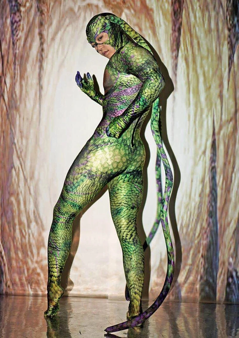 Halloween Rave Party Role-playing Stage Clothes Green bodysuit snake Spandex Stretch Skinny Jumpsuit Men Women Cosplay Costume