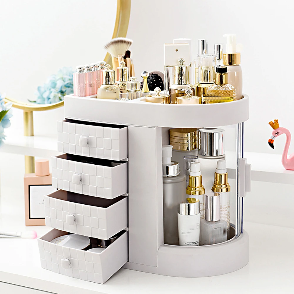 

Hot 4 Tiers Makeup Organizer Acrylic Storage Rack Ivory White Cosmetic Organizer with Drawer Rotation Make Up Organizer