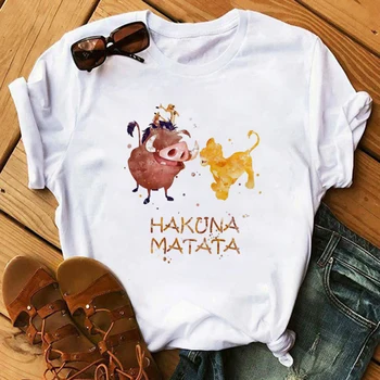 

Cartoon HAKUNA MATATA The Lion King Funny Short Sleeve T Shirt Women Two Little lions printed vogue O Neck tee shirt femme