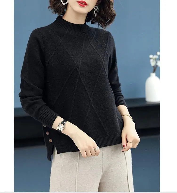 2019 Spring Autumn New Half-Neck Sweater Women'S Split Short Loose Blue Wild Bottoming Sweater Turtleneck Sweater Office Lady 2019 Spring Autumn New Half-Neck Sweater Women'S Split Short Loose Blue Wild Bottoming Sweater Turtleneck Sweater Office Lady