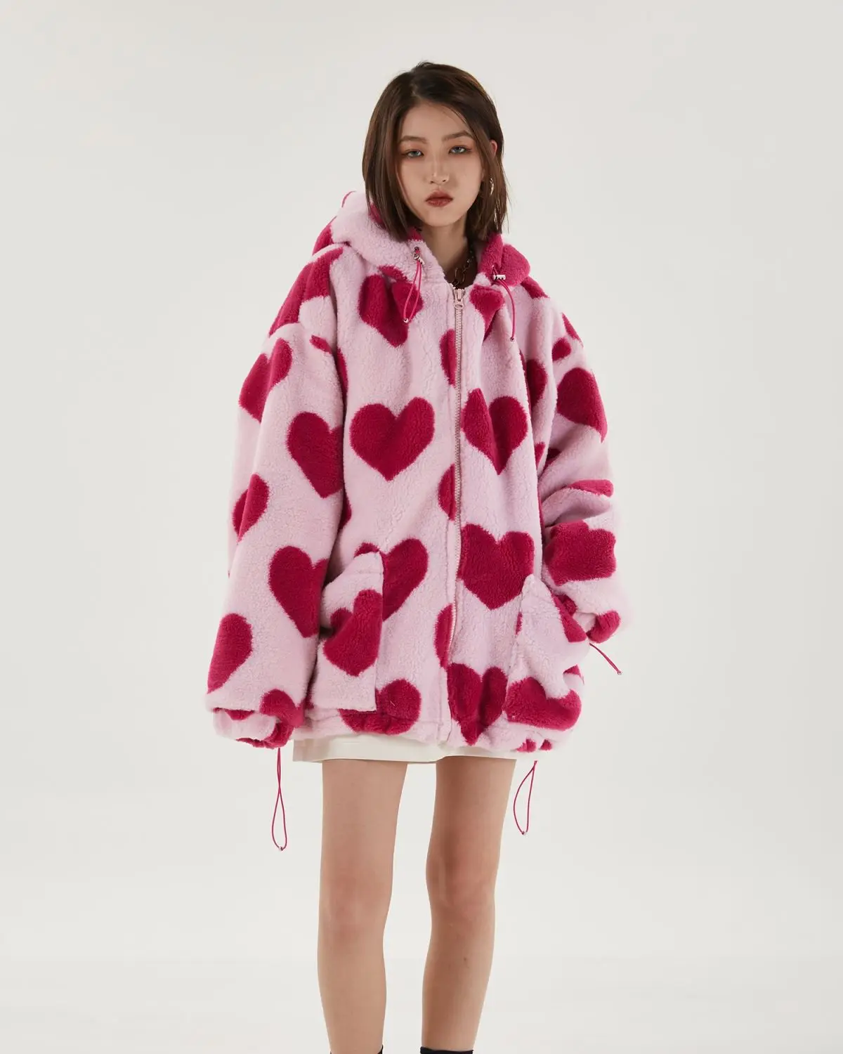 Student Hooded Cotton Women's Hearts Print Fur Jacket - true deals club