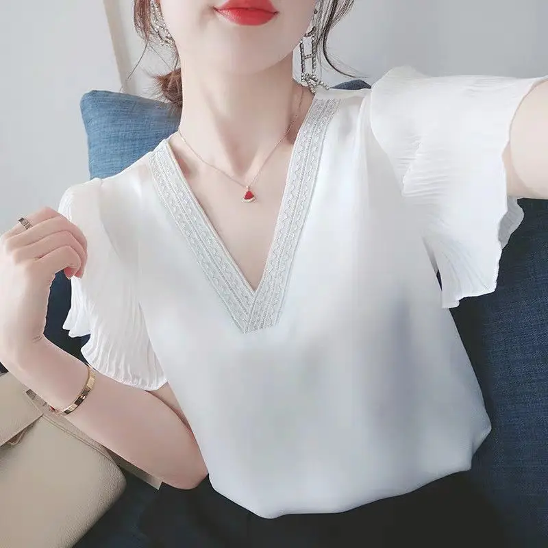 Women's Spring Summer Style Chiffon Blouses Shirt Butterfly Sleeve V-neck Solid Color Elegant Casual Loose Tops DD8646 | Женская