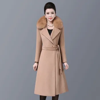 

Double breasted over the knee Woolen coat female Military style winter thick was thin cashmere warm woolen coats with belt F242