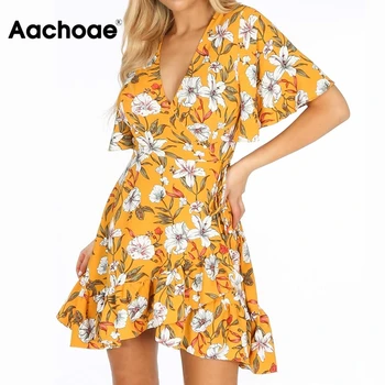 

Elegant Ruffle Wrap Dress Women Summer Floral Print Party Mini Dresses Female V Neck Short Sleeve Boho Beach Casual Sundress