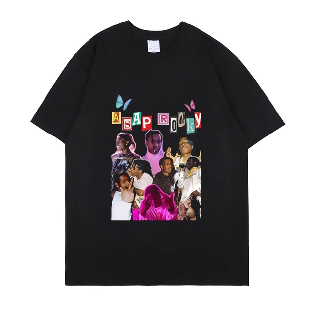 Hot Sale ASAP Rocky Portrait Graphic Aesthetics T-shirts Hip Hop Cotton Short Sleeve Loose Couple T-Shirt Casual Harajuku Tshirt Black 1