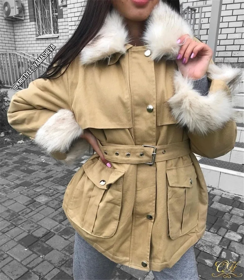 

Cotton Coat Women's 2018 Winter New Style Deconstructable Sleeve Wool Large Fur Collar Waist Hugging Lace-up Fashion Cotton-padd