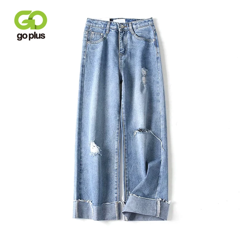 

GOPLUS Vintage Wide Leg Jeans Loose Ripped High Waist Denim Pants 2019 Long Jeans for Women Pantalon Femme Light Blue Jeans
