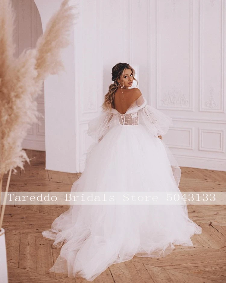 Off the Shoulder Appliques Pleats Bubble Sleeve Detachable Bridal Dress Polka Dot A Line Boho Wedding Dresses wedding dresses