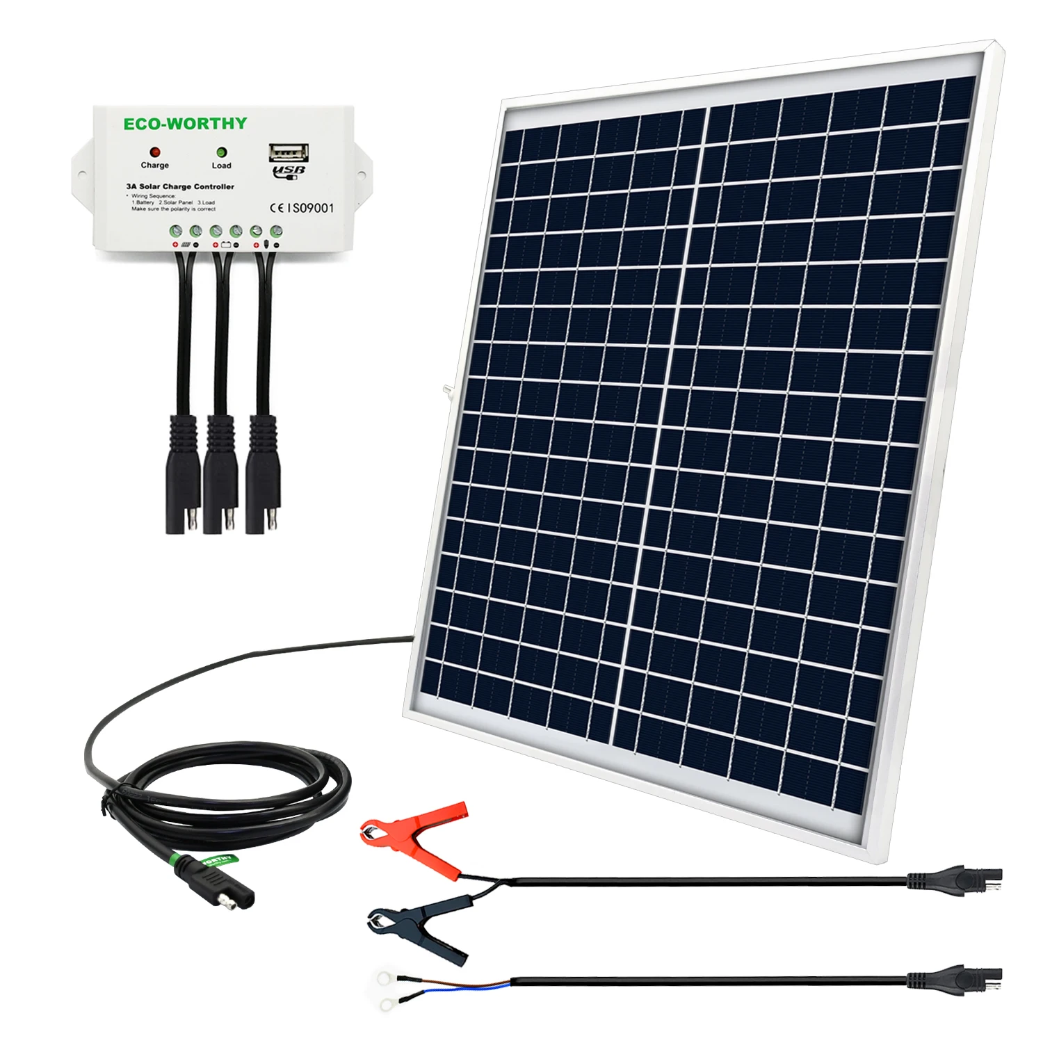 ECO WORTHY 25W 12V солнечная панель с кабелями и зажимами для батареи контроллер заряда
