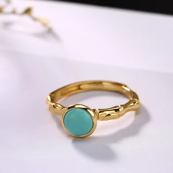 

Sterling Silver Antique Style Cabochon Turquoise Solitaire Rings, Simple Open Cuff Adjustable Size Vermeil Gold Natural Gem Ring