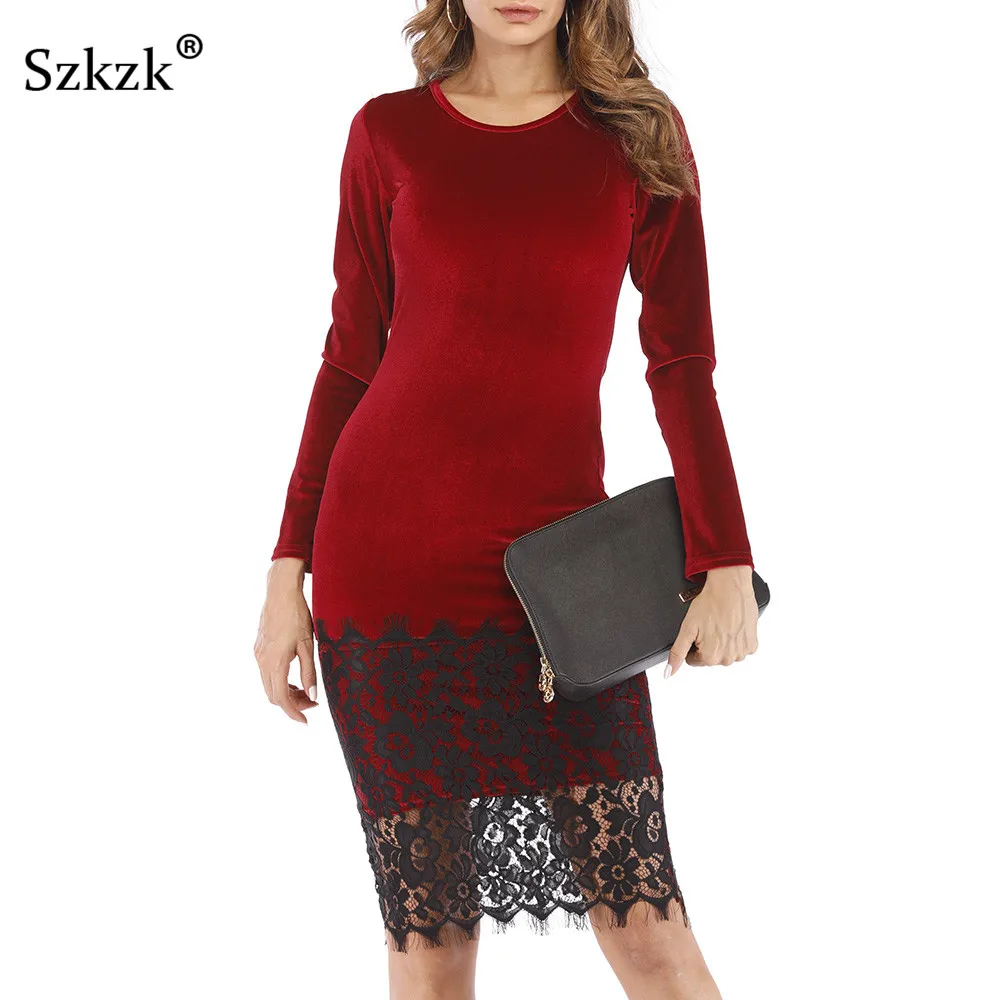 Женское бархатное платье средней длины с длинным рукавом и круглым