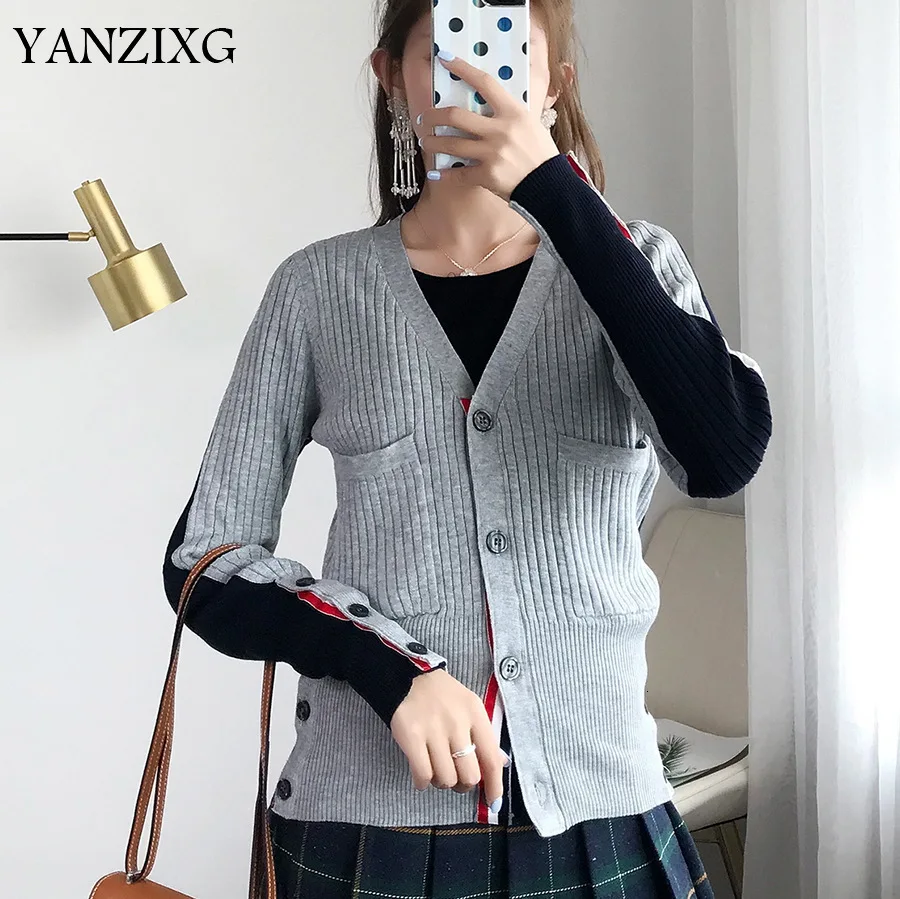 ^Cheap 2019 Autumn Color Matching V Lead Sweater Woman Loose Thin Single-breasted Cardigan Knitting S779