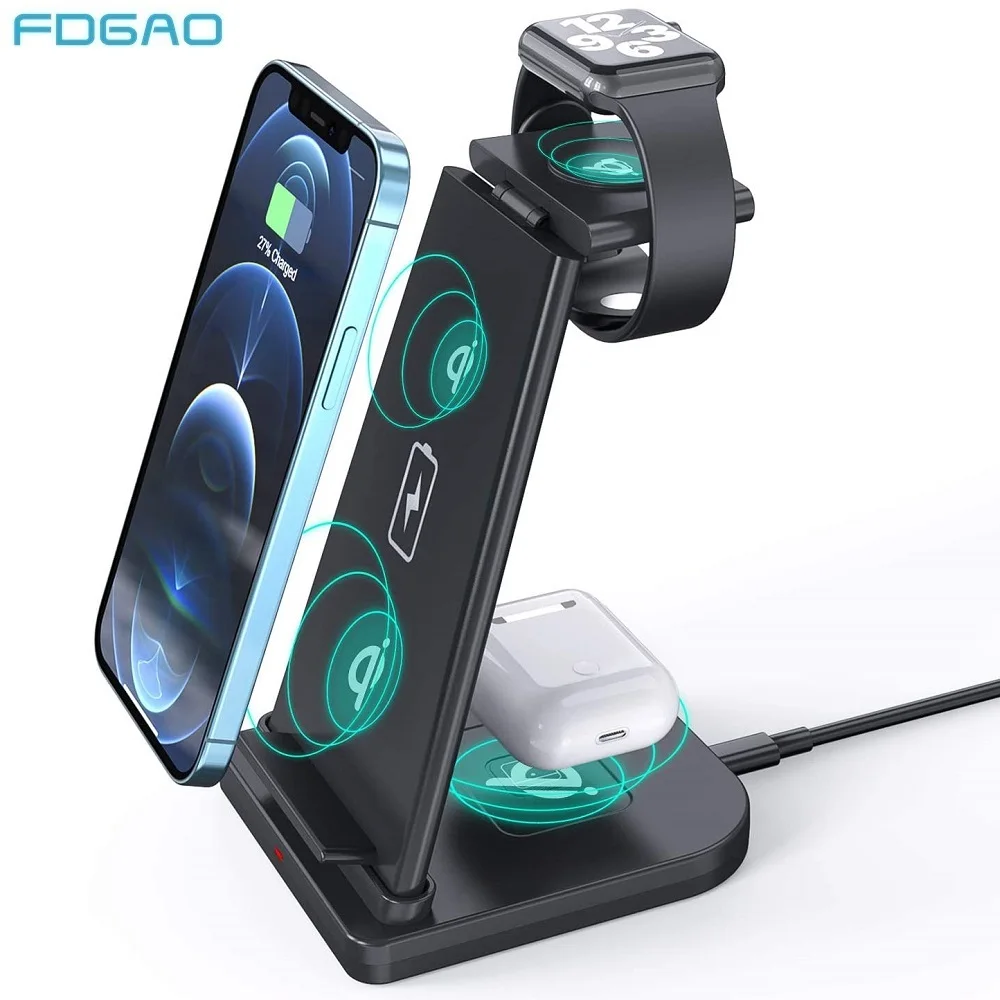 3 In 1 Qi Wireless Charger 15W Fast Charge For iPhone 12 11 XS XR X 8 Charger Dock Station For Apple Watch 6 5 4 3 2 Airpods Pro
