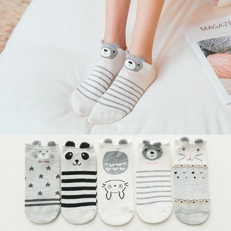 Black and white bear Горячая Забавный Носки женские коттоновые носки розовый милый Кот короткие носки до лодыжки женские Носки повседневные со звериными ушами красное сердце-образный носки для девочек - Цвет: Black and white bear