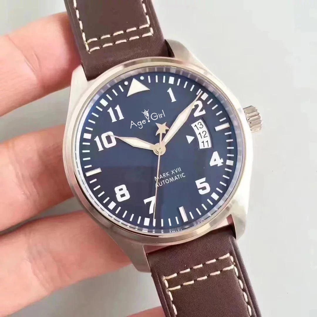 Brown Blue Роскошные брендовые Новые Мужские автоматические механические пилот Марка XVII Коричневая кожа Нержавеющая сталь Сапфир Дата серебро черный синий часы - Цвет: Brown Blue