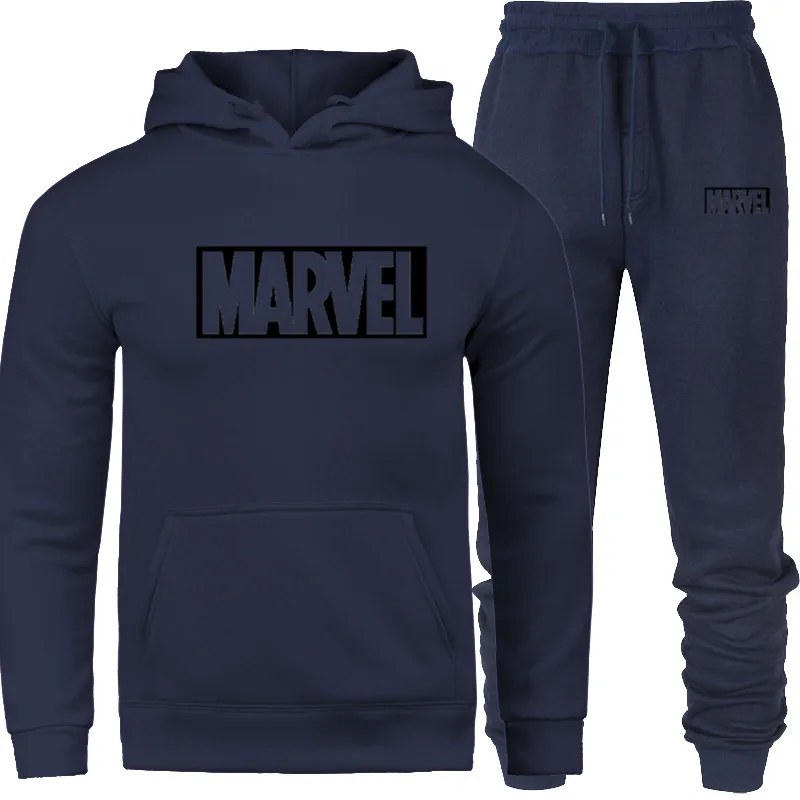 SET-02-hei-MARVEL Брендовый спортивный костюм с принтом MARVEL Модные мужские спортивные толстовки комплекты из двух предметов флисовая плотная Толстовка+ штаны спортивный костюм для мужчин - Цвет: SET-02-hei-MARVEL