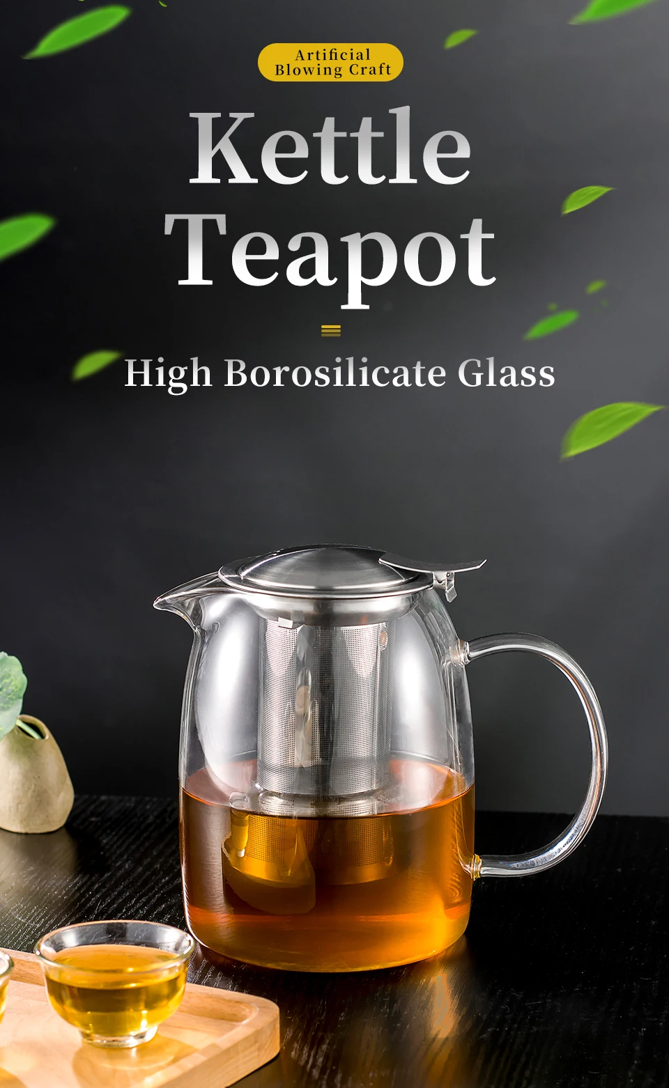 1.0L Clear High Borosilicate Glass Teapots with Removable Stainless Steel Infuser 304 Strainer Heat Resistant Kettle Tea Pot
