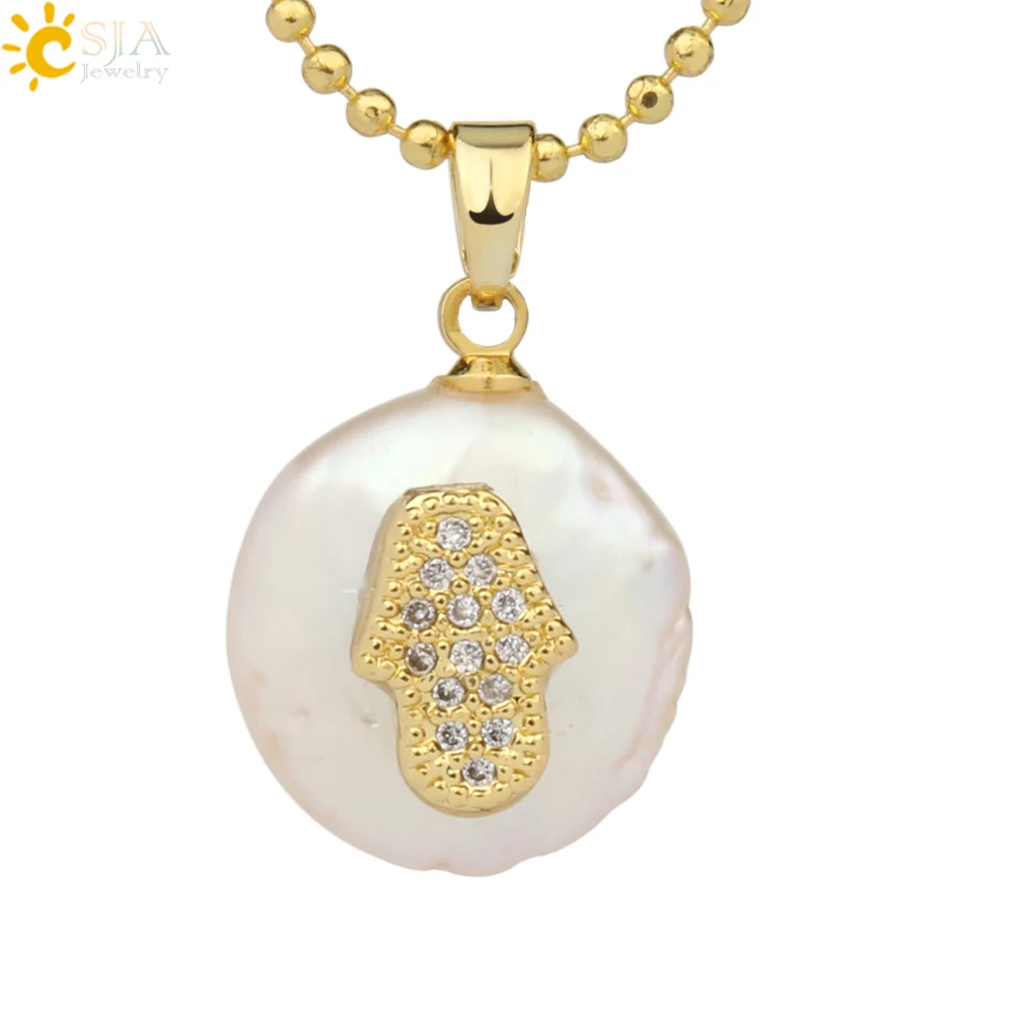 Necklace-L CSJA монета пресноводный жемчуг подвески маленький размер сглаза Хамса Фатима рука Циркон золотого цвета ожерелье чокер для женщин девочек G205 - Окраска металла: Necklace-L