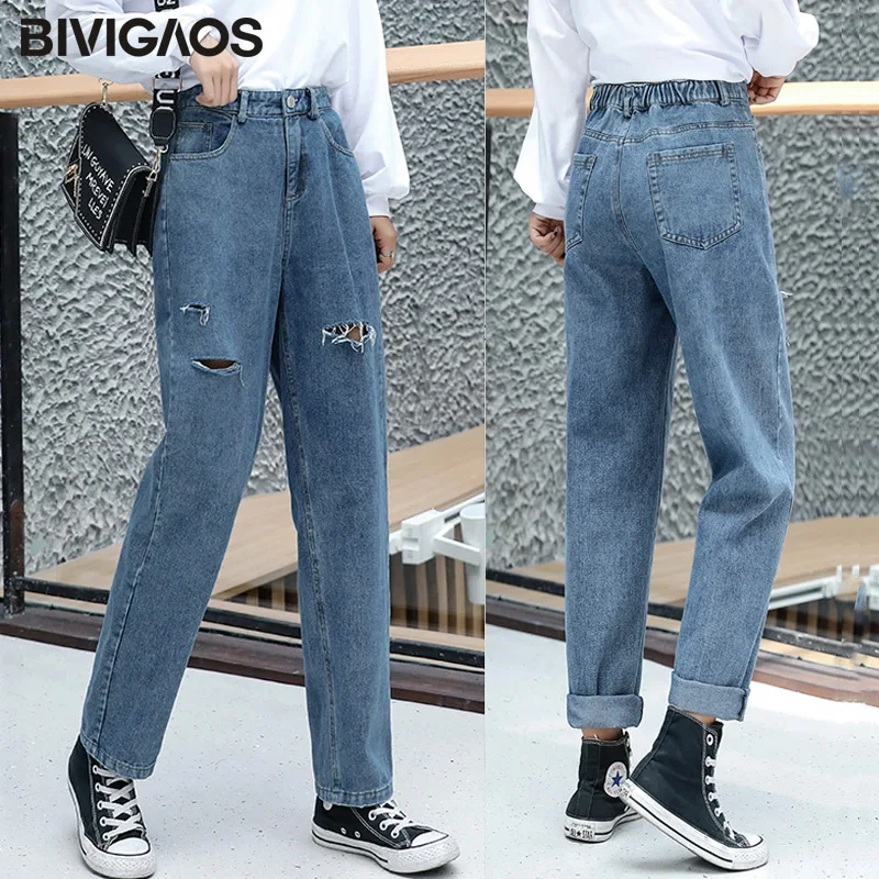 BIVIGAOS Новые Модный повседневные трендовые дырявые брюки женские свободные джинсы прямые шаровары рваные джинсы в мужском стиле для женщин джинсы женские бойфренды
