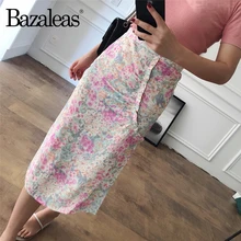 Bazaleas, тонкая ретро юбка с рюшами, винтажная, с оборками сбоку, Женская юбка миди, Франция, шикарный цветочный принт, женские юбки с высокой талией