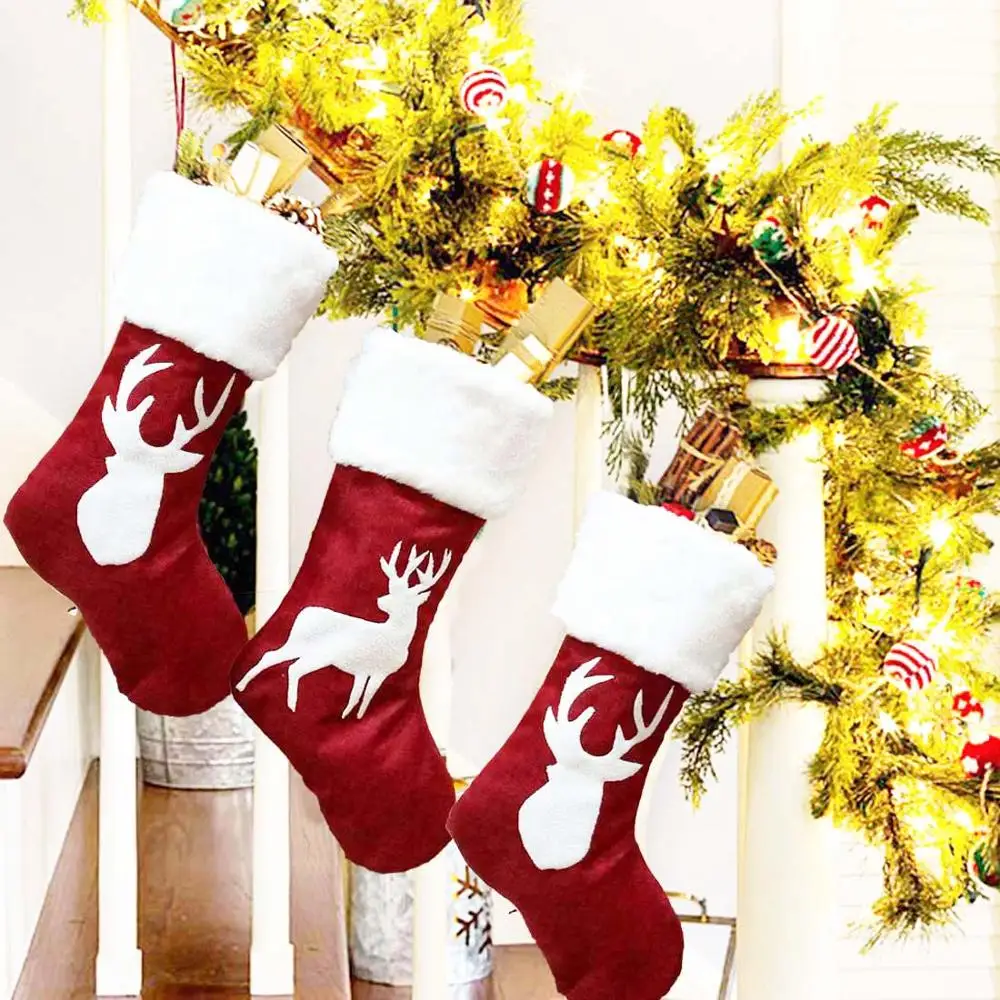 Christmas Stockings- 2Pcs 18 inches Reindeer Patterns with Plush Cuff Stockings for Family Holiday Xmas Party Decoration