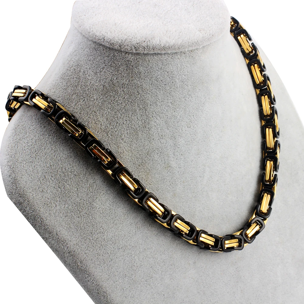 Width 8MM Men's Gold Black Stainless steel Byzantine Imperial Chains