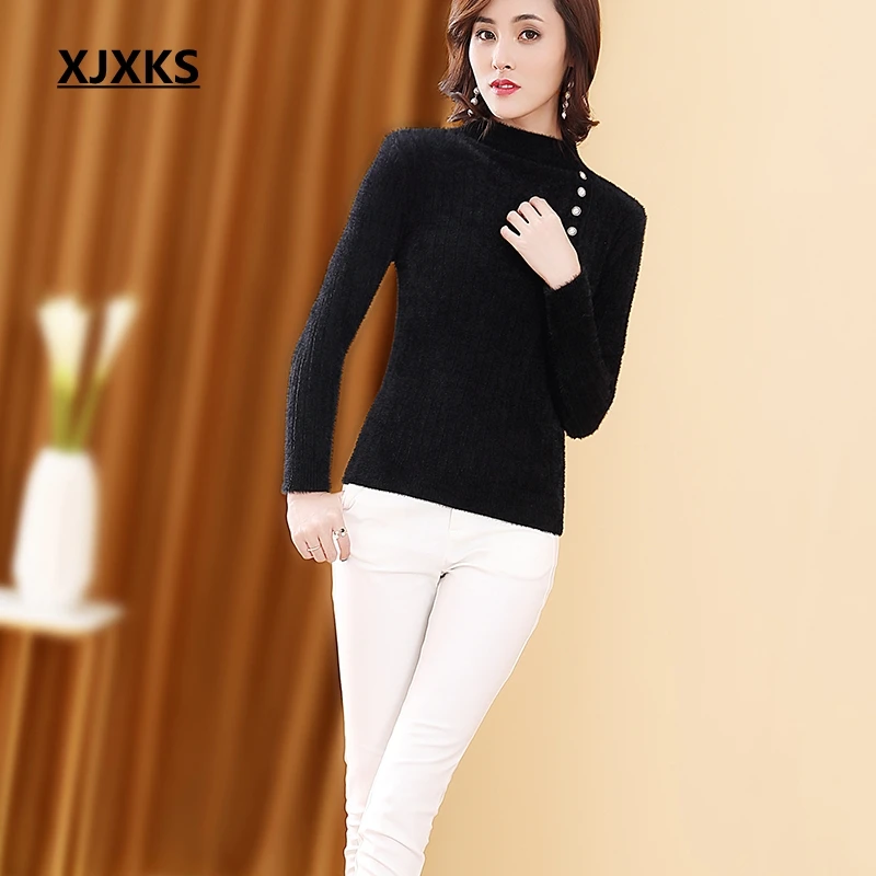

XJXKS Women Elastic Sweater Autumn 2019 Long Sleeve Turtleneck Women Pullover Soft Loose Sweater Elegant Knitted Pullover