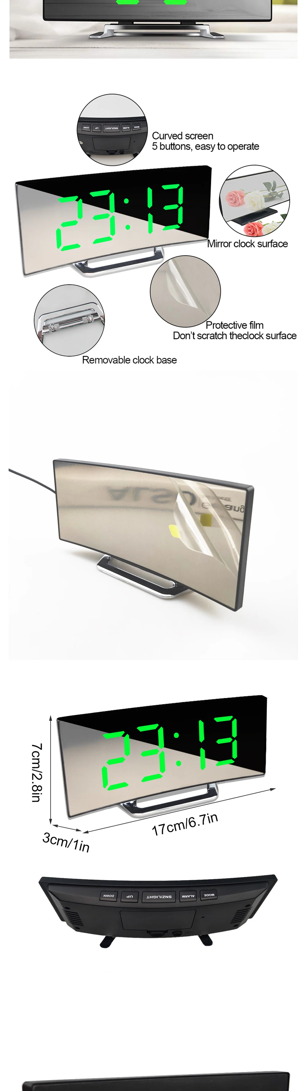 Modern Digital Alarm Clock With Curved Mirror Screen, Temperature Display & USB Port
