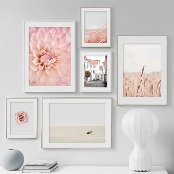 

Wheat Reed Plant Pink Rose Beach Building Wall Art Canvas Painting Nordic Posters And Prints Wall Pictures For Living Room Decor