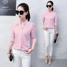 New Spring Autumn Tops Women Slim Pink Shirts Casual Long Sleeve V-Neck Solid Blouse Fashion Womens Chiffon Work Blouses