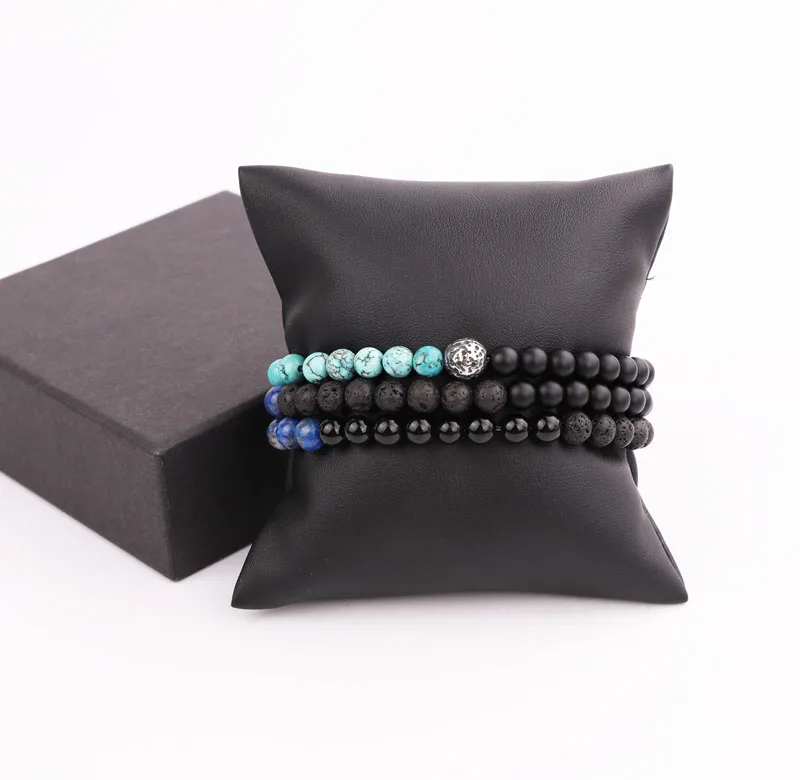 New Design Natural Stone Jewelry Male Bracelet Three Layers Beads Stainless Steel Ball Elastic Wrap Bracelet men