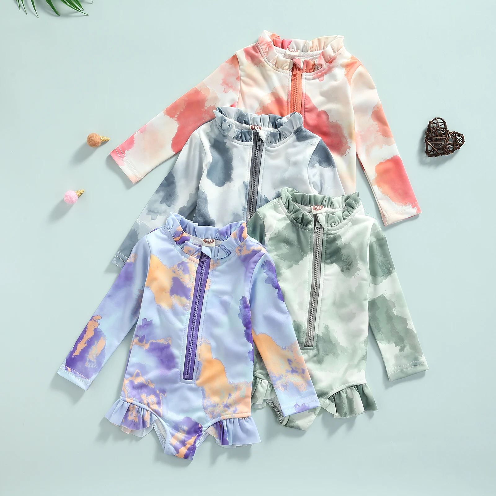 

2021-06-22 Lioraitiin 4 Colors Summer Kids Girls Swimwear 1-5Y Tie-Dye Printed Ruffles Long Sleeve Zipper Beachwear Outfits