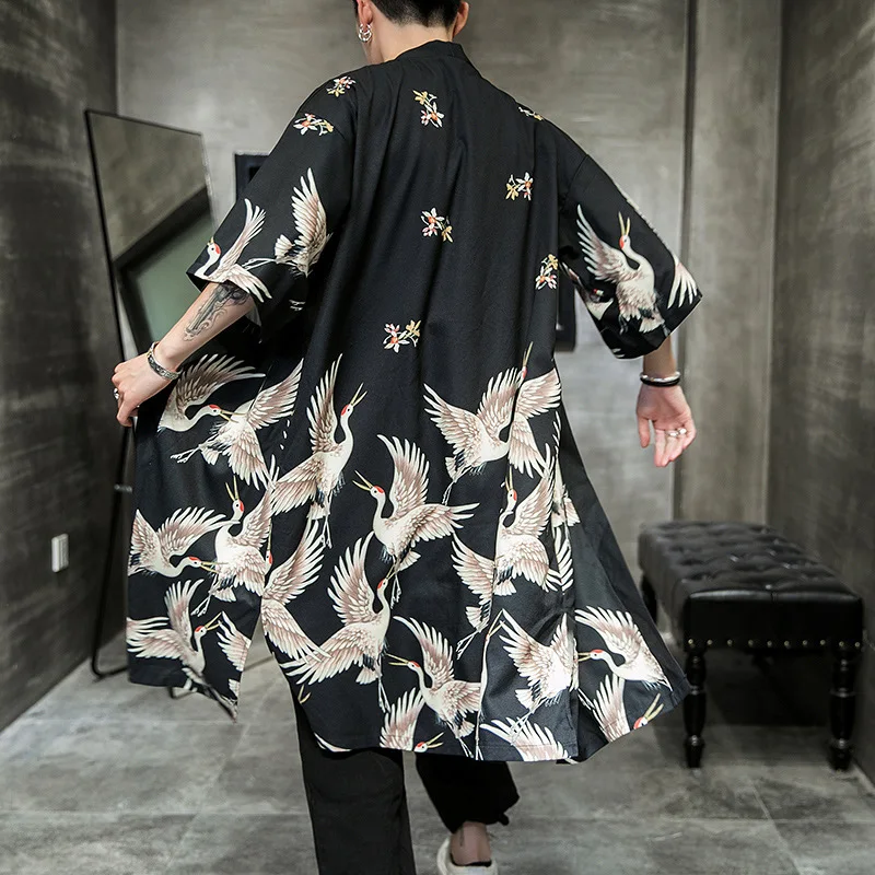 Sale special price Plus Size Yukata Haori Crane New product! New type Printed Ca Kimono Long Men Japanese