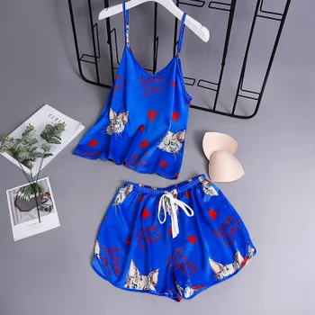 

Ice silk pajamas women's summer thin spring summer suit suspender shorts cartoon cat thin can wear home clothes