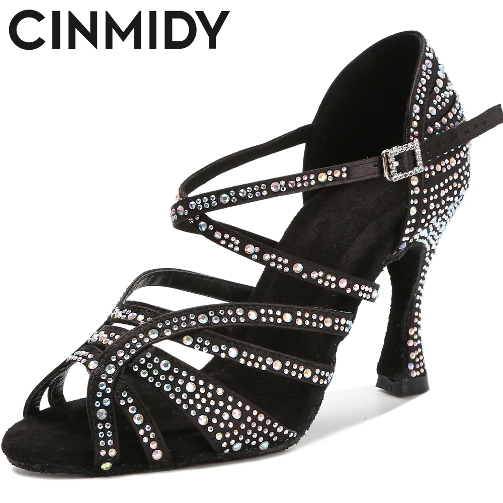 

CINMIDY Black Latin Dance Shoes Women Tango Salsa Ballroom Dance Shoes Ladys Girls High Heels Rhinestone Wedding Shoes Women