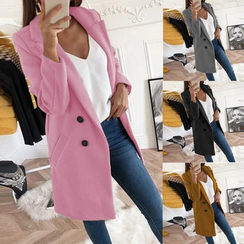 

Lapel Neck Solid Mid Length Double Breasted Outwear Slim Fashion Long Sleeve Casual Women Coat Formal Office Career Winter