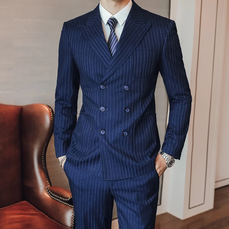 Plyesxale темно-синий полосатый костюм для мужчин Slim Fit мужской костюм Свадебные 3 шт. высокого качества мужские s двойные приталенные пиджаки 5XL Большие размеры Q703