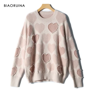 

BIAORUINA Women's Sweet Heart-shaped Jacquard Beading O-neck All-match Knitted Sweater Female Fashion Loose Pullovers