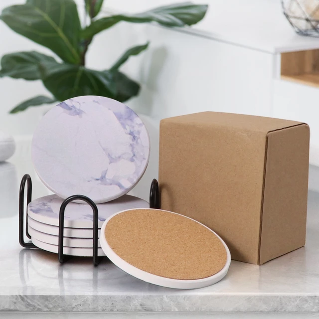 Coaster Sets of 6 Pieces Absorbent Ceramic Stone Marble Pattern Coasters  with Cork Base White Coasters