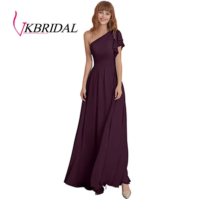 Grape VKbridal ТРАПЕЦИЕВИДНОЕ ПЛАТЬЕ больших размеров для свадебной вечеринки, выпускного бала для Juniros реальное изображение одно плечо шифоновое платье для подружки невесты длинное - Цвет: Grape