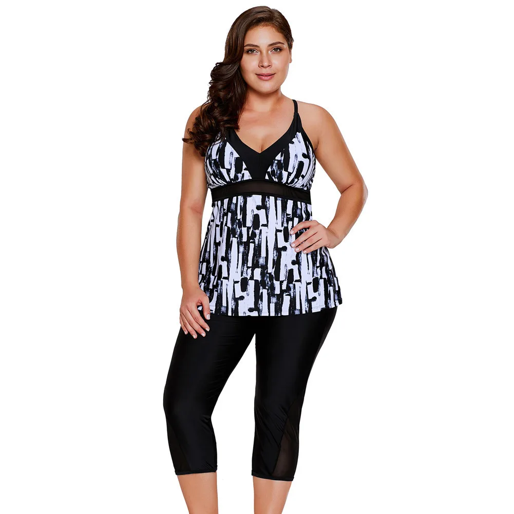 

Pa meng Amazon Europe And America Summer Swimwear Plus-sized Cross Camisole Capri Pants Two-piece Swimsuits 410251