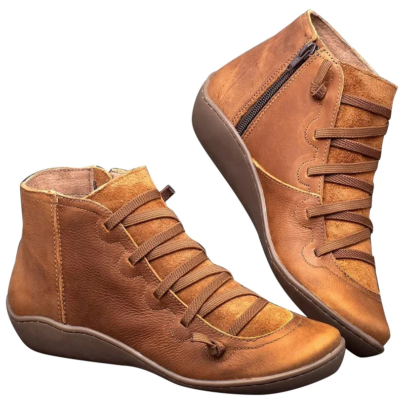 Высококачественные женские осенние повседневные ботильоны из искусственной кожи на шнуровке ботинки на плоской подошве британский стиль N66 - Цвет: Brown