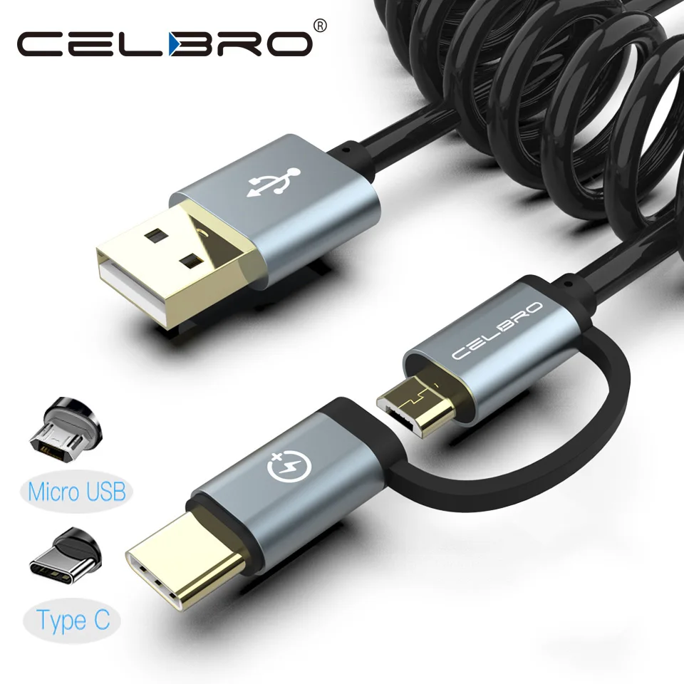 USB кабель Micro usb type-C, пружинный спиральный кабель 2 в 1, мульти USB кабель для зарядного устройства, кабель для huawei, samsung, Xiaomi, Oneplus, htc