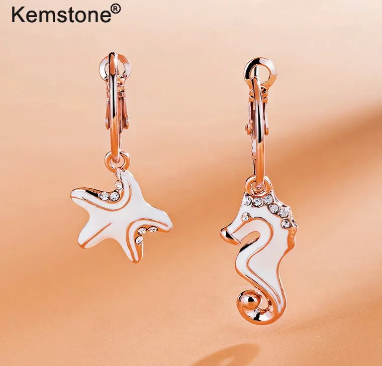 Kemstone Асимметричная Кристалл Длинные висячие серьги морской конек и морская звезда серьги Для женщин Jewelry подарки - Окраска металла: rose gold-white