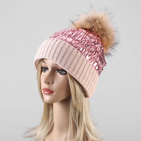 pink Ветрозащитные зимние женские шапки из кусков, теплые лыжные шапки, шапка с большим натуральным мехом, шапка с помпоном, вязаная громоздкая шапка Skullies, повседневные шапочки для женщин - Цвет: pink