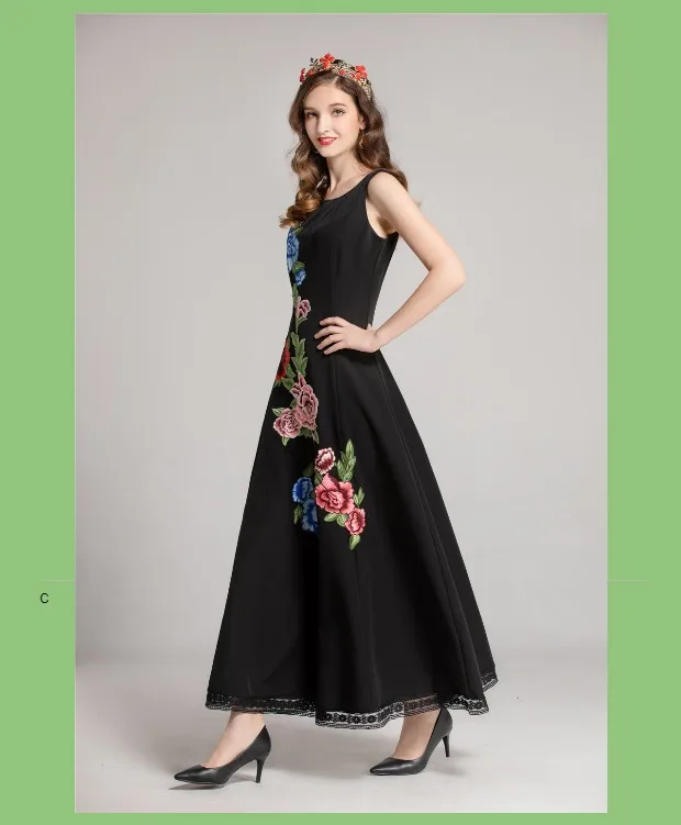 Модное шоу Moda Цветочные Vestidos de Festa Sem Mangas das Mulheres Do винтажные Flor Preto Bordado Vestido longo