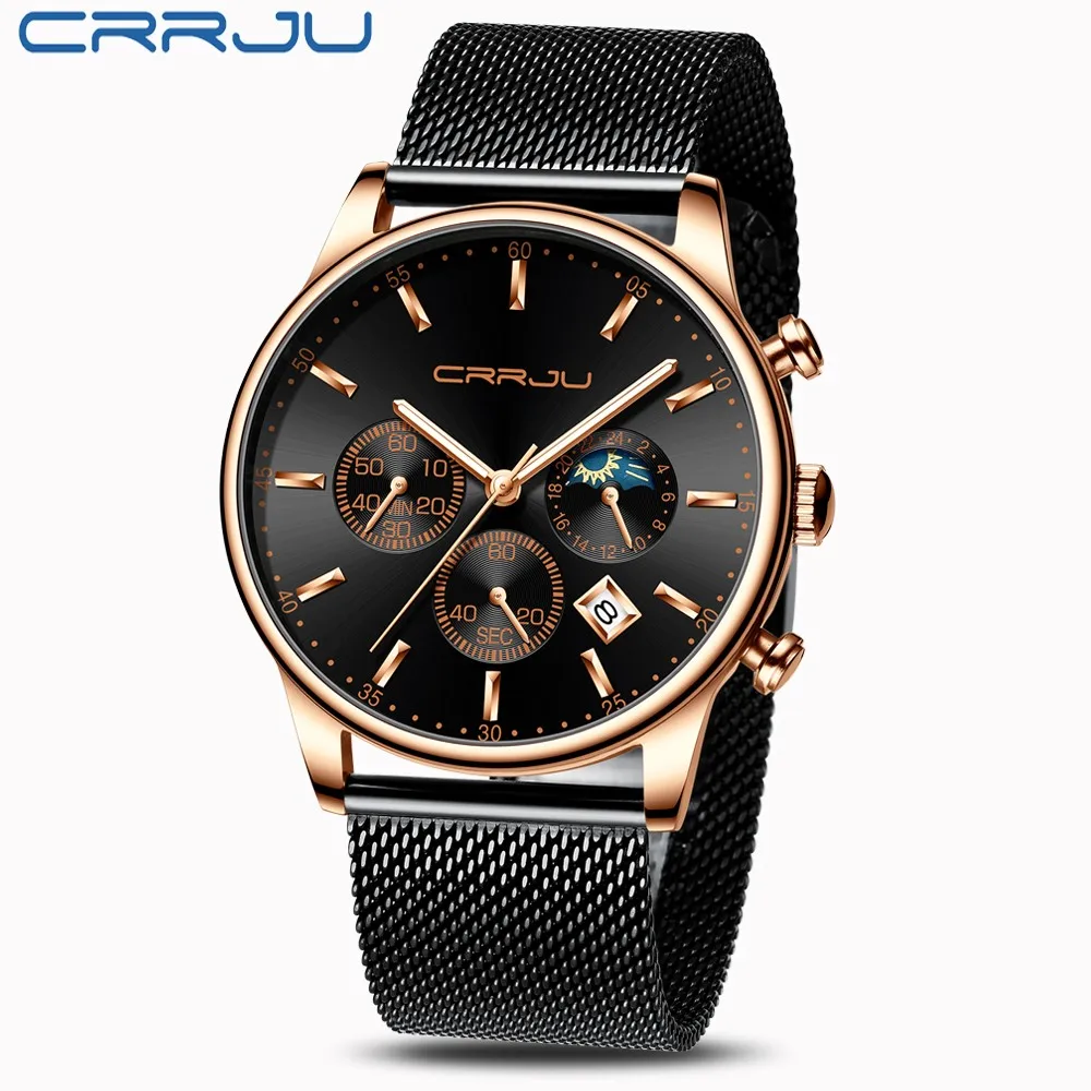 Relogio Masculino CRRJU Роскошные Кварцевые часы для мужчин синий циферблат часы спортивные часы хронограф часы с сетчатым РЕМЕШКОМ НАРУЧНЫЕ ЧАСЫ - Цвет: black rose black