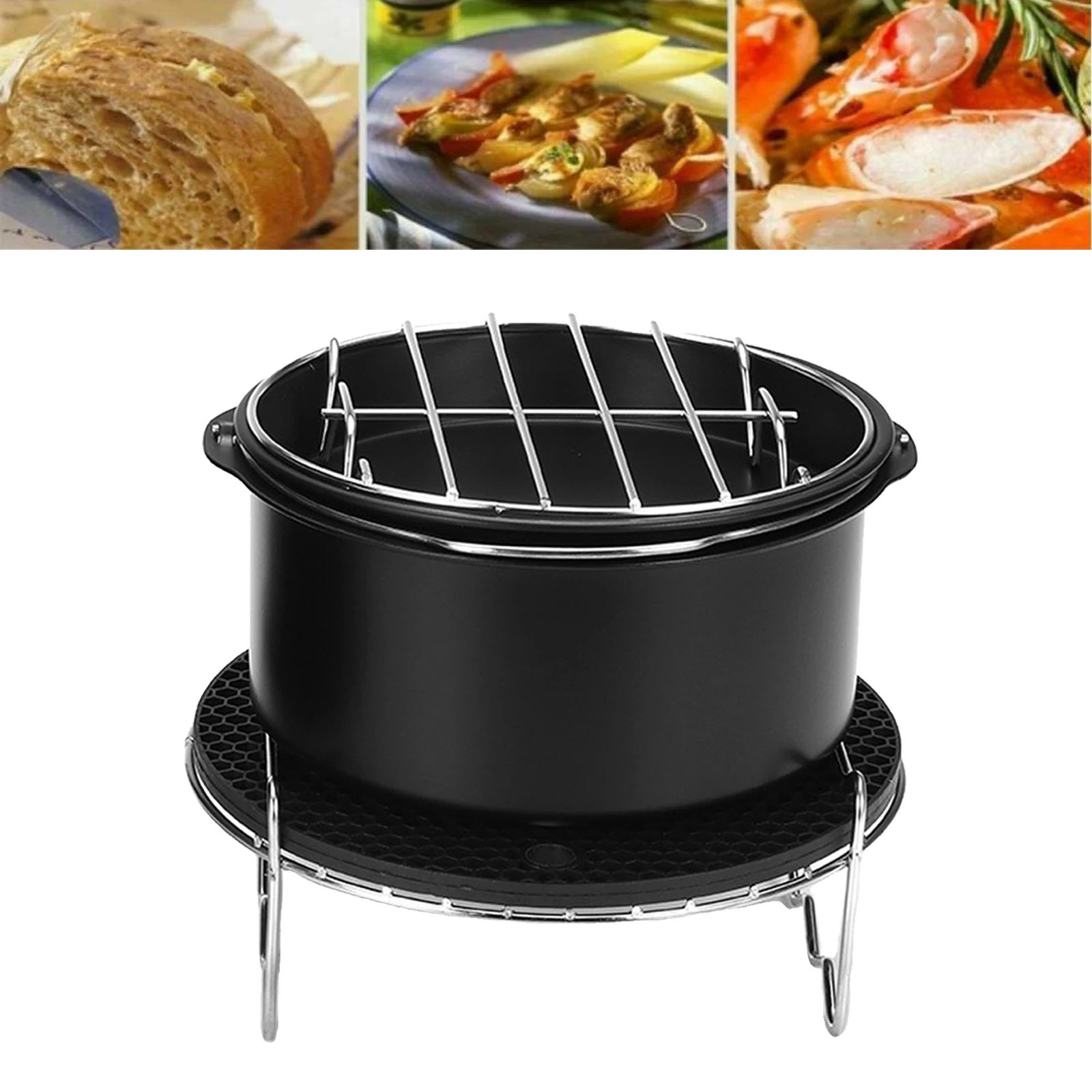 6 Inches Air Fryer Accessories Including Cake Barrel,Baking Dish Pan,Grill,Pot Pad, Pot Rack with Silicone Mat
