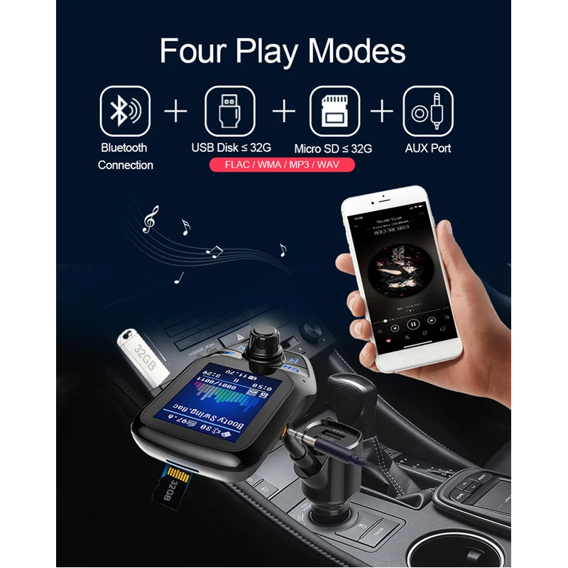 Автомобильный MP3-плеер, Bluetooth, прикуриватель, зарядное устройство, авто, двойной USB, зарядка, для автомобиля, без рук, музыкальный автомобиль, QC 3,0, зарядное устройство, разъем 12 В
