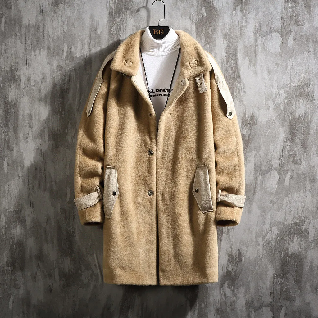 

Men In Winter Fashionable Solid Color Medium Long Plush Overcoat cardigan Fashion fleecejacket fur leathercoat Long Sleeve